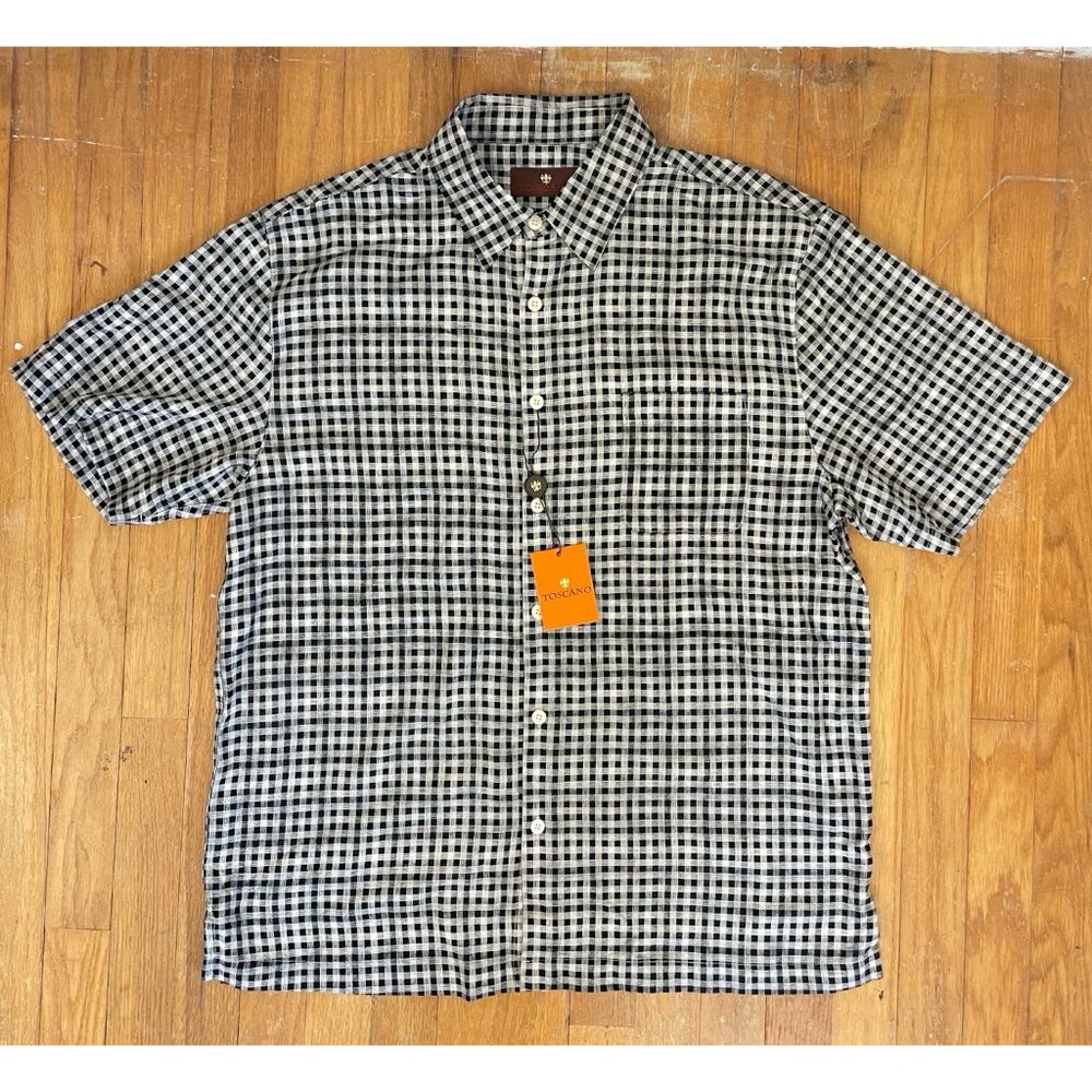 Toscano Mens Shirt Size Large NWT Checkered Plaid Silk/Rayon Black/Cream